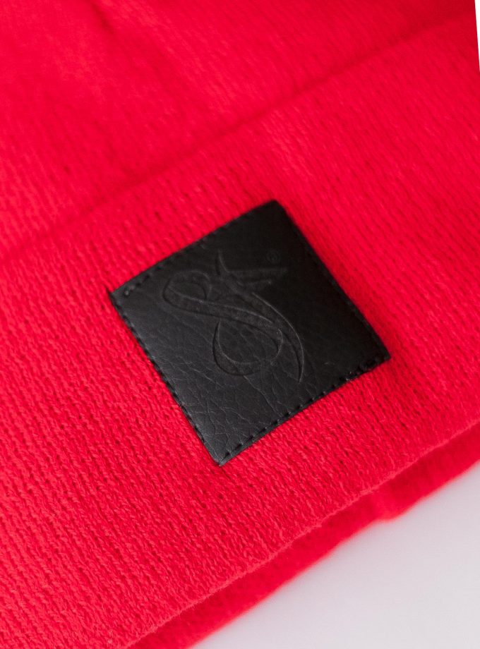 Black Leather Patch Beanie Vibrant Red