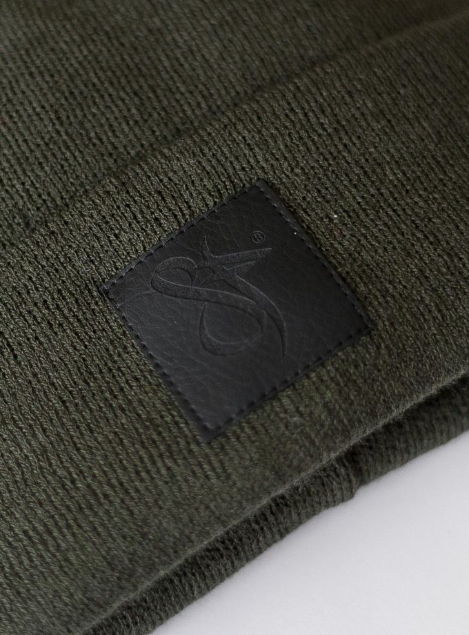 SF Black Leather Patch Beanie Concrete Green