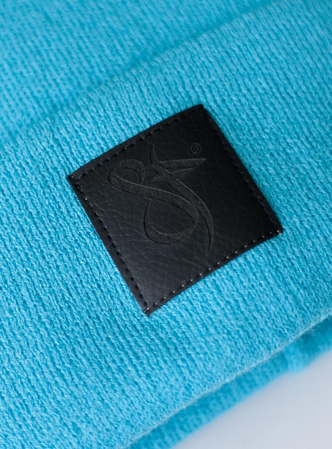 SF Black Leather Patch Beanie Skyblue