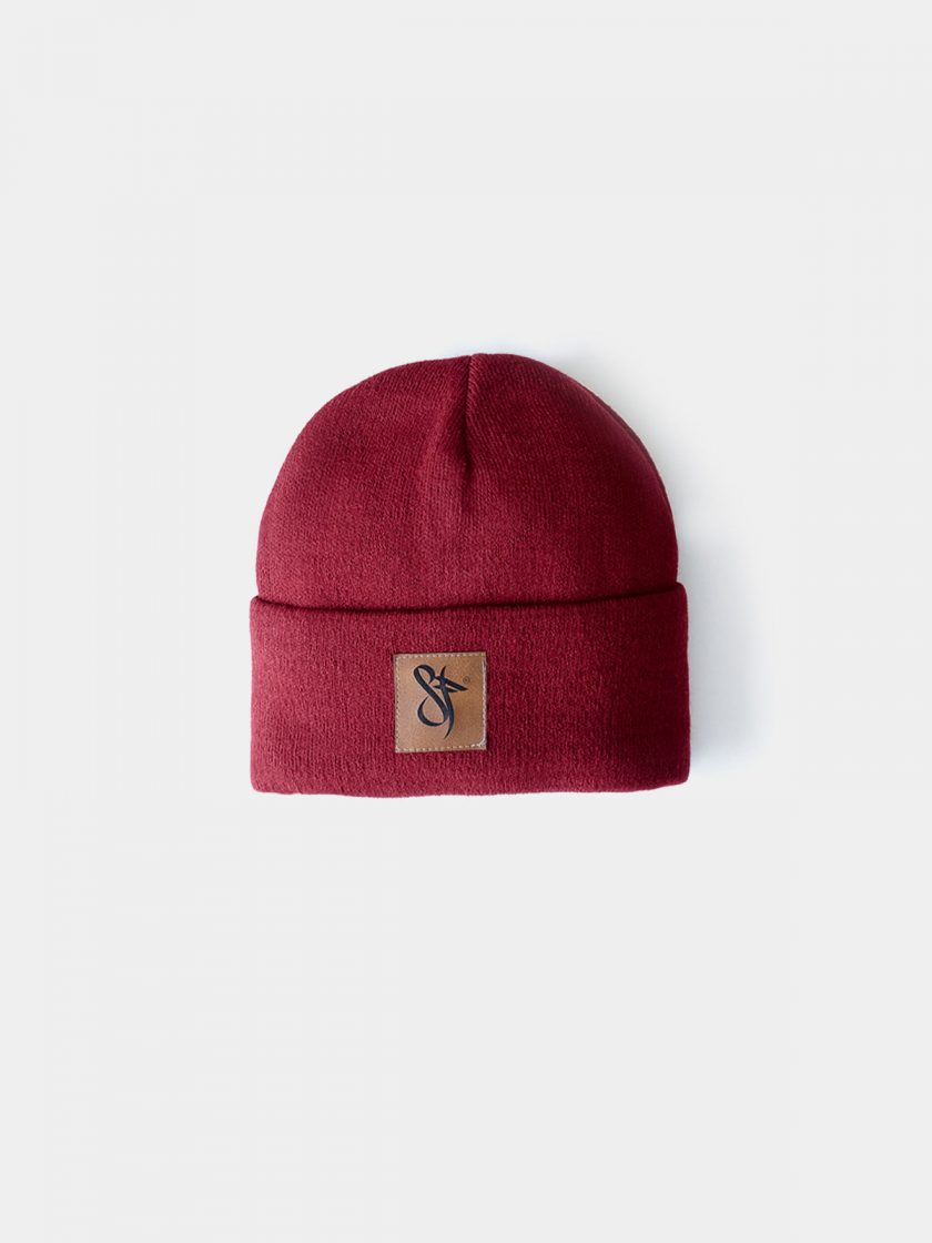 SF leather Patch Beanie Burgundy. For a warmer and stylish look.
