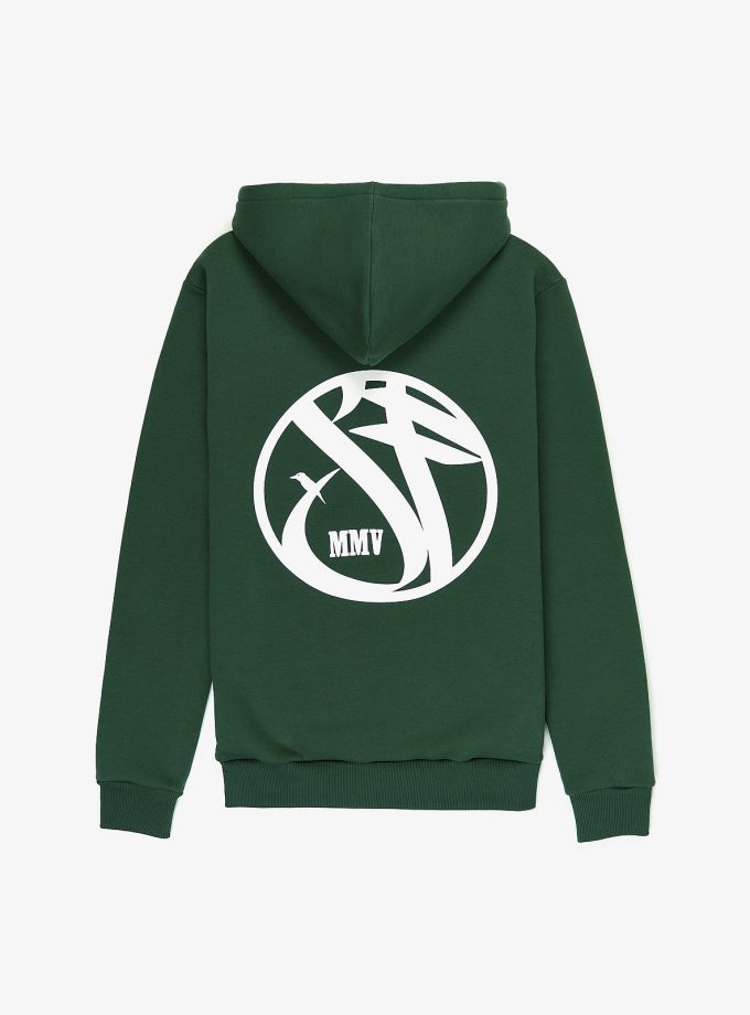 SF Crew Emblem Hoodie Dusk Green with a white Graphic print on the back